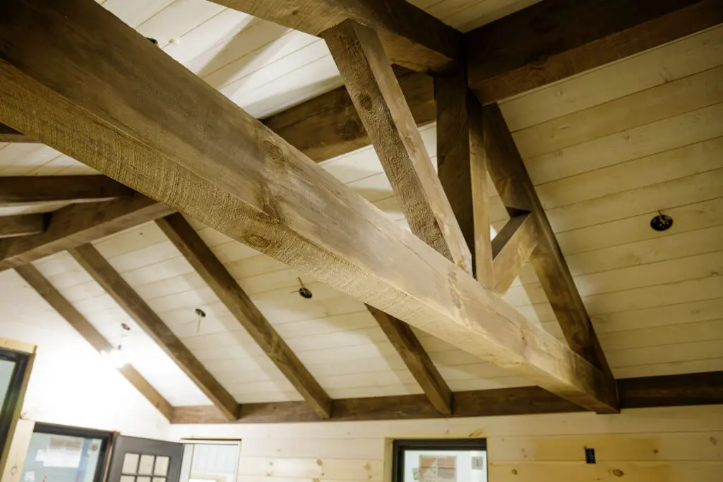 Exposed timber beams and wood ceiling