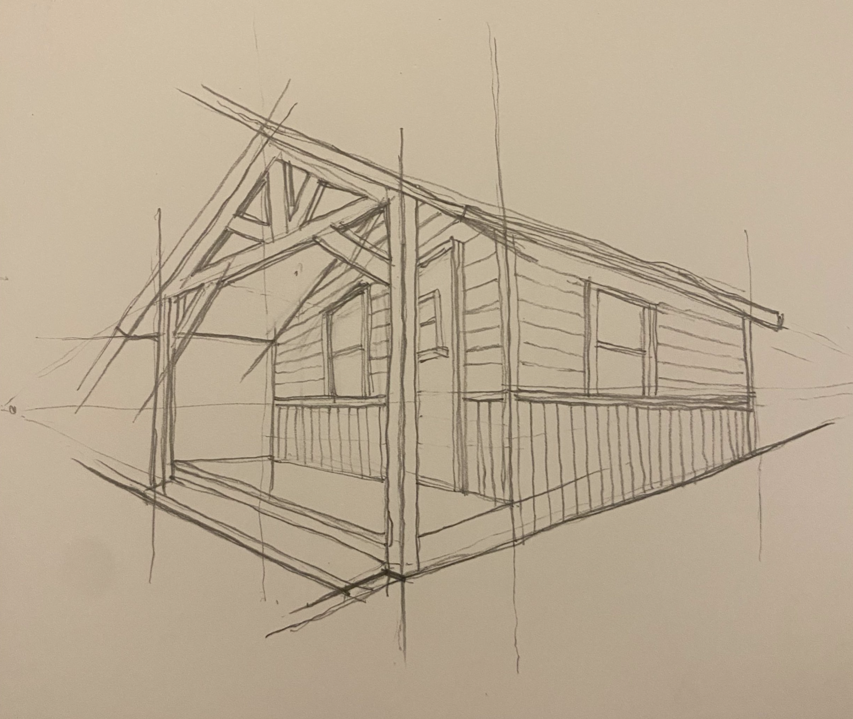 Architectural drawing showing timber-frame roof and structural construction details
